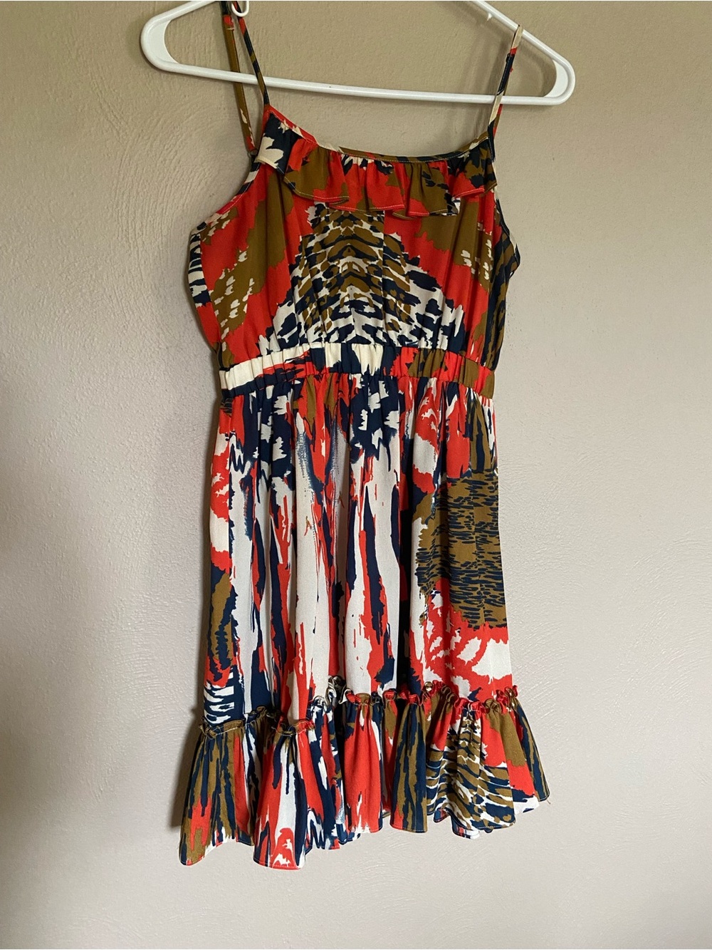 Forever 21 Red, Navy & Olive Print Ruffle-Hem Mini Dress